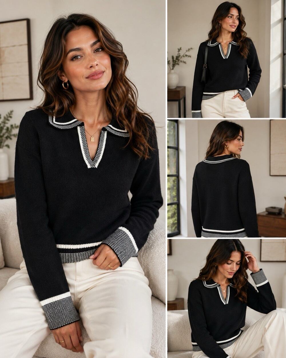 Chérie Collette Women’s Black Collared Knit Sweater Size M White Gray Trim